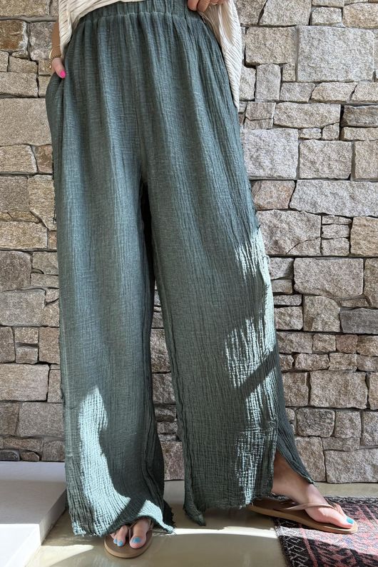 Rustic Nature Bubble Cotton Split Kick Pant Washed Moss